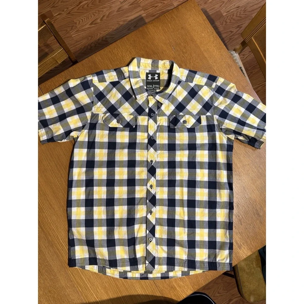 Under‎ Armour Shirt Men XXL Plaid Yellow Navy Short Sleeve Cotton
